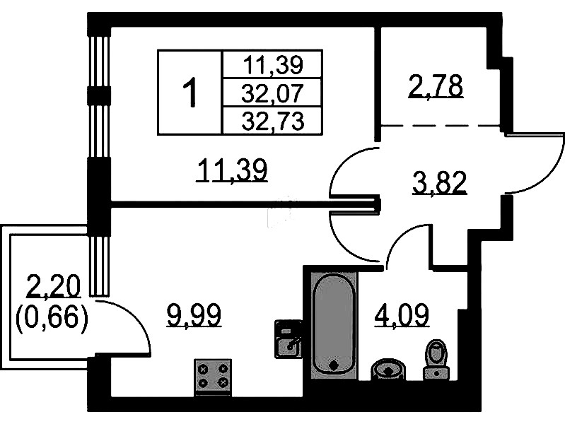 1-комнатная квартира 32.73 м², 11/12 эт., ЖК «Невская Долина»